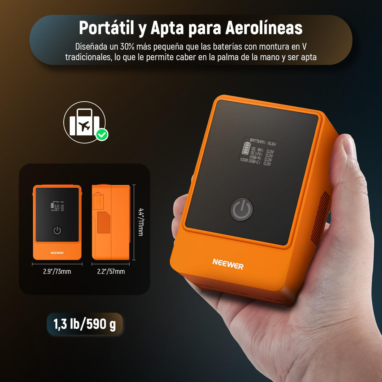 NEEWER Mini V Mount Battery 6800mAh 99Wh 14.5V, V Lock Battery with 65W PD Type C/D Tap/BP/USB A/Dual DC Port/OLED Display para videocámara Compatible con SmallRig BMPCC 4k 6k, PS099E Naranja