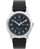 Timex Waterbury - Reloj de 39 mm para hombre, correa de liberación rápida de cuero negro de dos piezas, esfera negra, caja de acero inoxidable TW2W14700