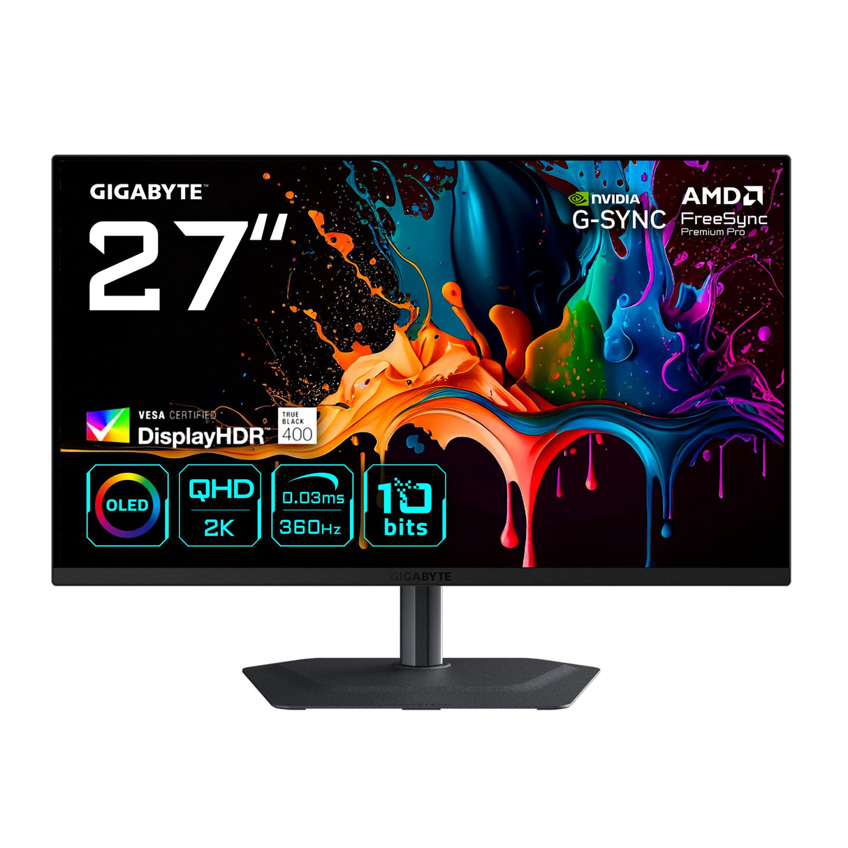GIGABYTE MO27Q3 Monitor Gaming OLED 27” QHD - 2560 x 1440, 360Hz, 0.03ms, 250 CD/m², G-Sync Compatible, FreeSync Premium Pro, Display HDR True Black 400, HDMI 2.1, DisplayPort 1.4