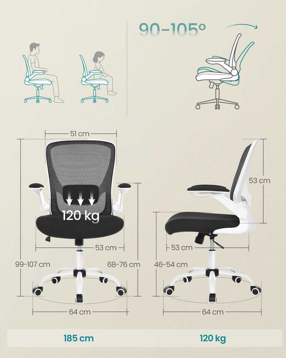 SONGMICS Silla de Oficina, Silla de Escritorio de Malla, Silla Giratoria Ergonómica, Soporte Lumbar, Oscilante, Asiento de 53 cm, Apoyabrazos Abatibles, Blanco y Negro OBN37WTV2