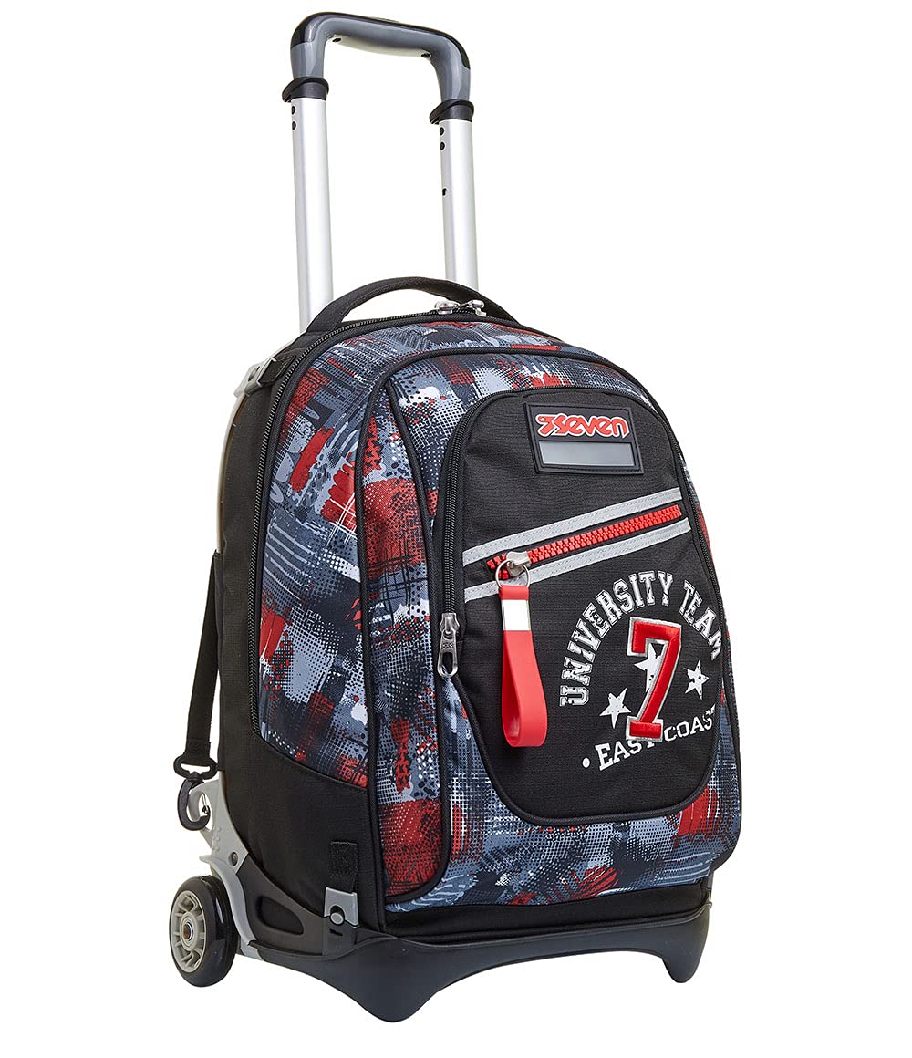 Seven Mochila con Ruedas TROLLEY NEW TECH WORLD, Negro - Mochila 3 en 1, Mochila Escolar con Carro - Bolso Escolar Niños, Niñas, Adolescentes - Bolsillo Frontal con Cremallera