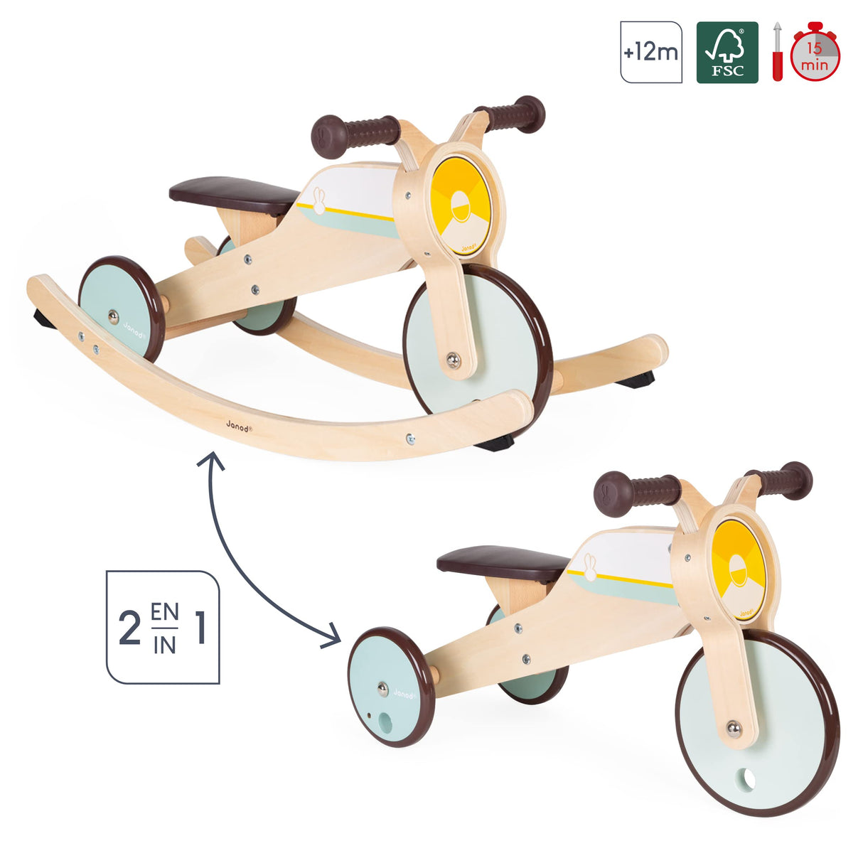 Janod - Triciclo de madera con balancín - Triciclo para bebés de la primera edad - Para desarrollar la motricidad gruesa y el sentido del equilibrio - Juguete de madera - De 12 a 36 meses, J03284