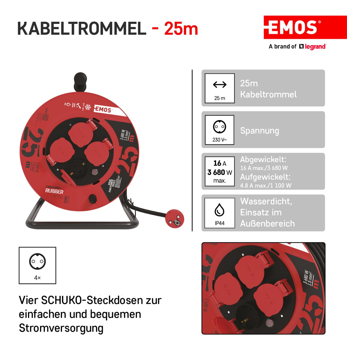 Emos P08225 Enrollacables Profesional alargador, de la Empresa, Grado de protección IP44, m de Cable con 4 enchufes Schuko, 1,5 mm2 Goma, para Uso Exterior, 25 Meter