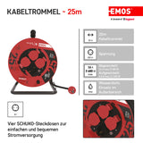 Emos P08225 Enrollacables Profesional alargador, de la Empresa, Grado de protección IP44, m de Cable con 4 enchufes Schuko, 1,5 mm2 Goma, para Uso Exterior, 25 Meter