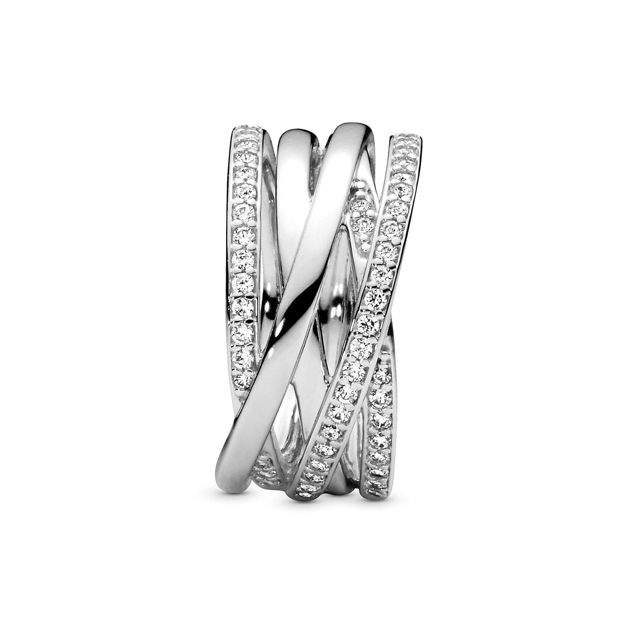 Pandora Timeless Anillo con líneas centelleantes y pulidas de plata con circonitas cúbicas transparentes, talla 58