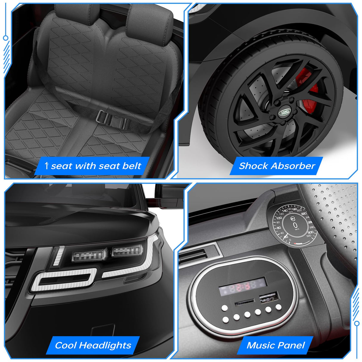 Coche eléctrico para niños, Land Rover con Licencia, 12 V, con Mando a Distancia, música, educación temprana, USB, TF, Mp3, Coche eléctrico para niños a Partir de 3 años (Negro)