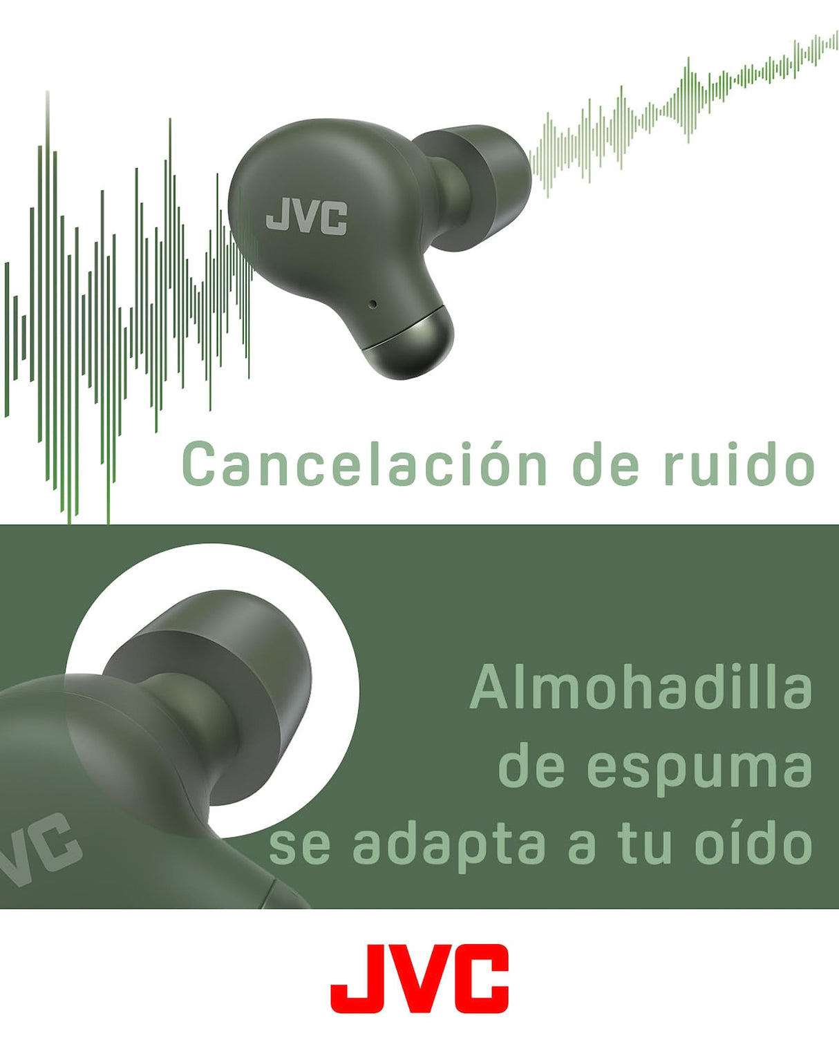 JVC HA-Z250T - Auriculares Inalámbricos con Bluetooth 5.3, 28 Horas de Batería, Certificación IPX4, Solo 5,1g de Peso, Cancelación de Ruido, 3 Pares de Almohadillas de Silicona y 2 de Espuma, Verde