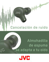 JVC HA-Z250T - Auriculares Inalámbricos con Bluetooth 5.3, 28 Horas de Batería, Certificación IPX4, Solo 5,1g de Peso, Cancelación de Ruido, 3 Pares de Almohadillas de Silicona y 2 de Espuma, Verde