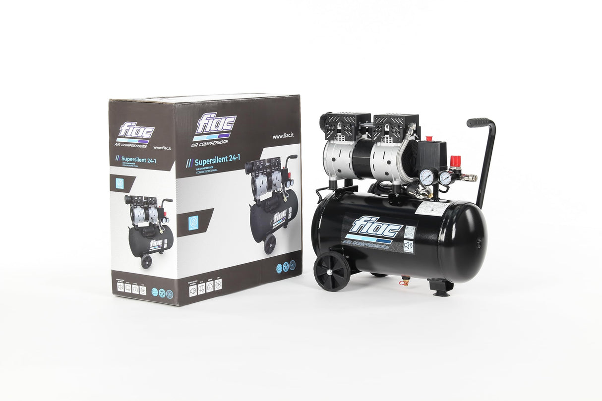 FIAC Compresor de Aire Móvil Silencioso SUPERSILENT 24, Sin Aceite, Presión Máxima 8 Bar, 1 Hp, Tanque de 24 Litros, Nivel sonoro 58 dB LpA