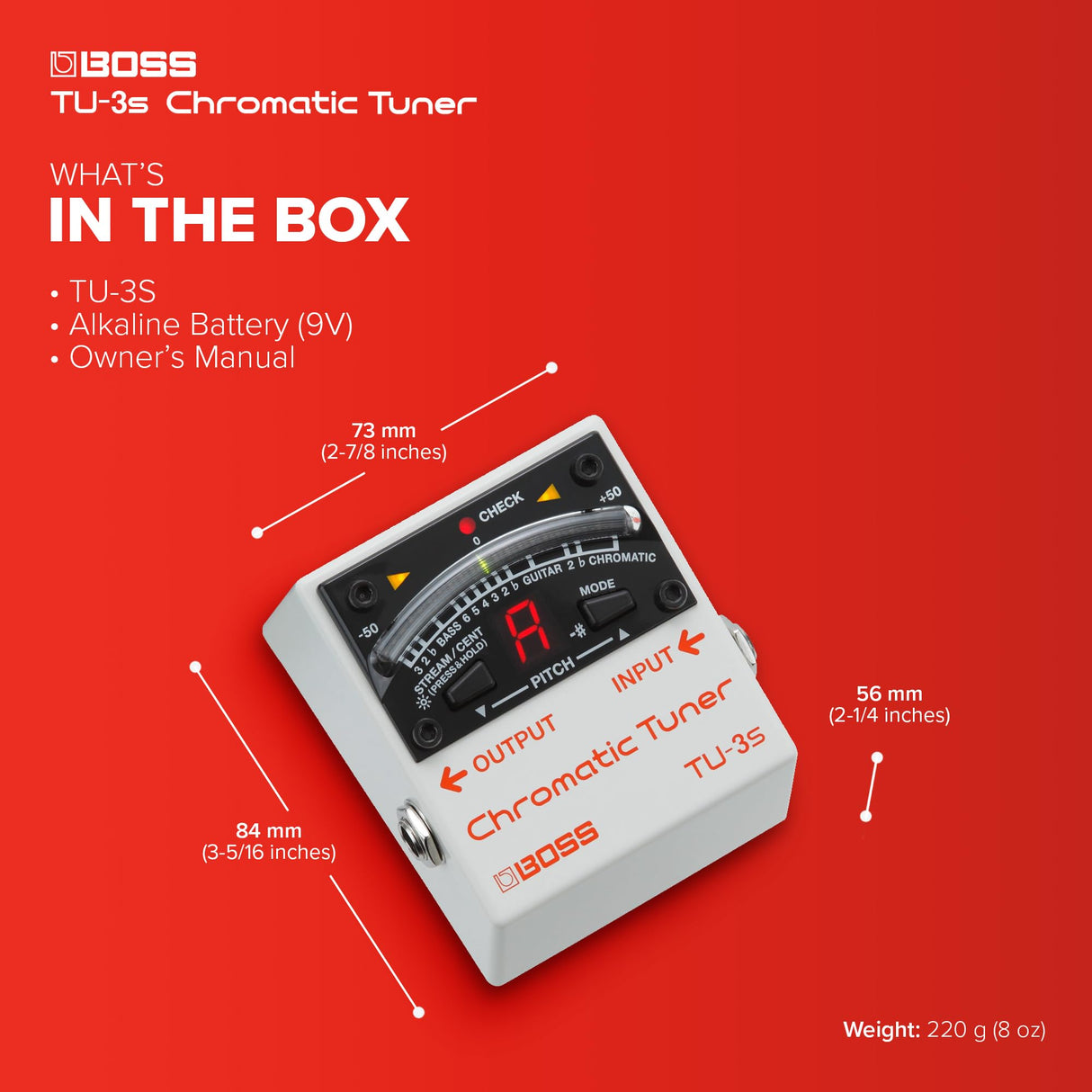 Afinador cromático compacto para pedalera BOSS TU-3S | Excelentes prestaciones en formato diminuto | Afinación de precisión para guitarra y bajo | Indicador LED de 21 segmentos