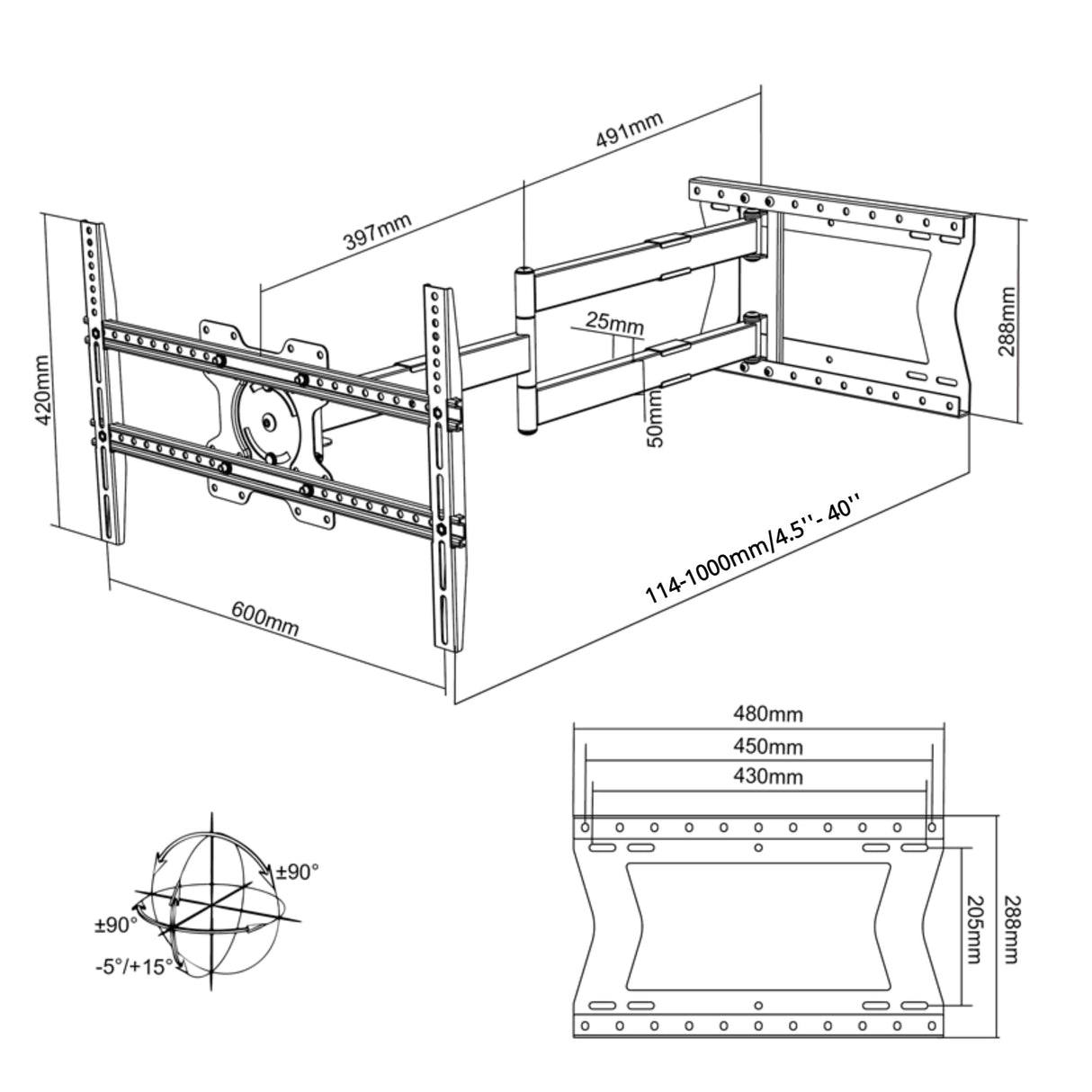 Nanook 2100 Soporte de Pared de Brazo Largo para televisores de 42 a 75 Pulgadas, Extensión Extra Larga de hasta 100 cm, Soporte de TV Que Permite Movimiento Completo, Soporta un Peso de hasta 60 kg