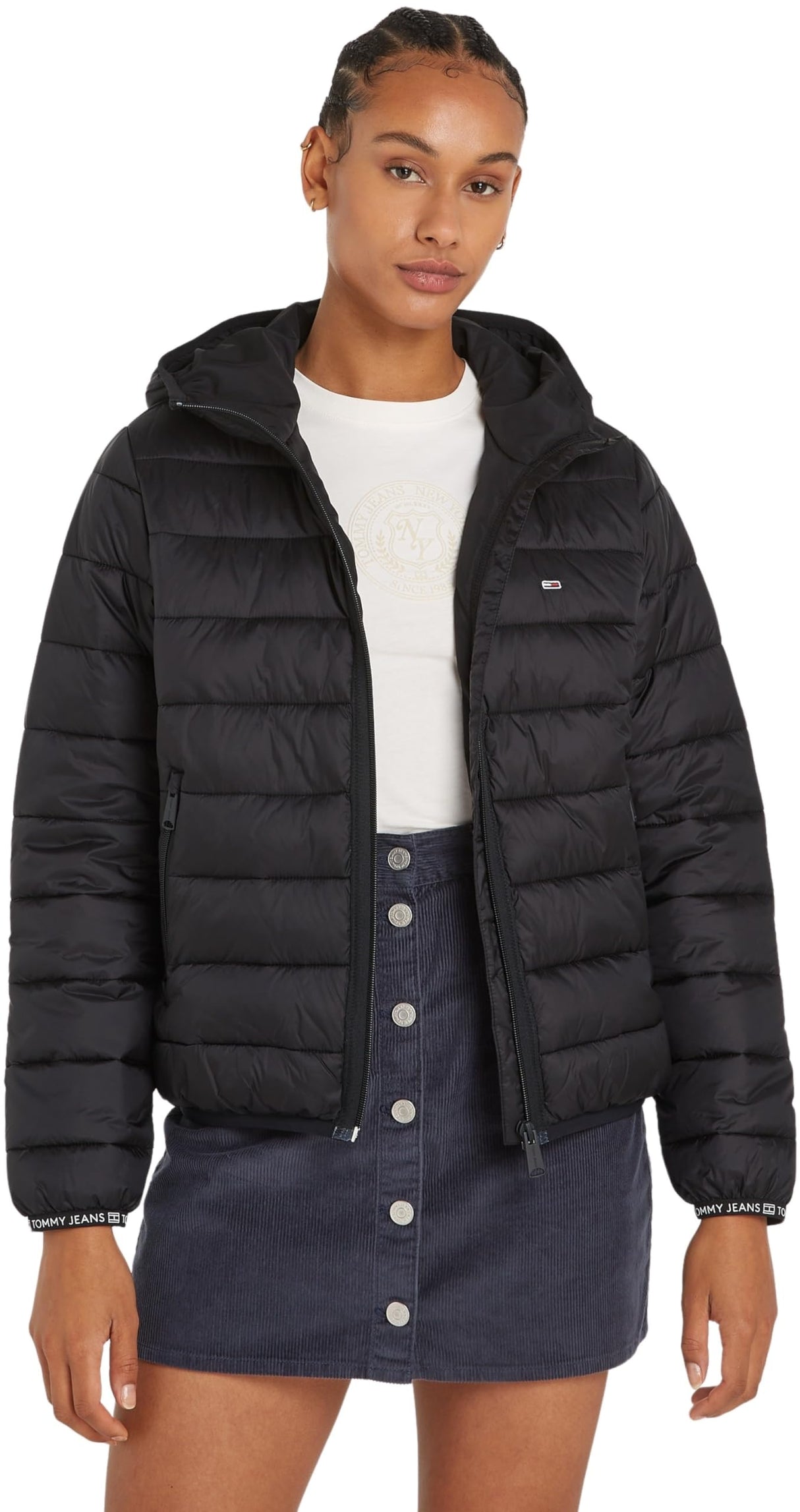 Tommy Jeans Cazadora Acolchada Mujer Quilted Tape Hood Jacket con Capucha, Negro (Black), XXS