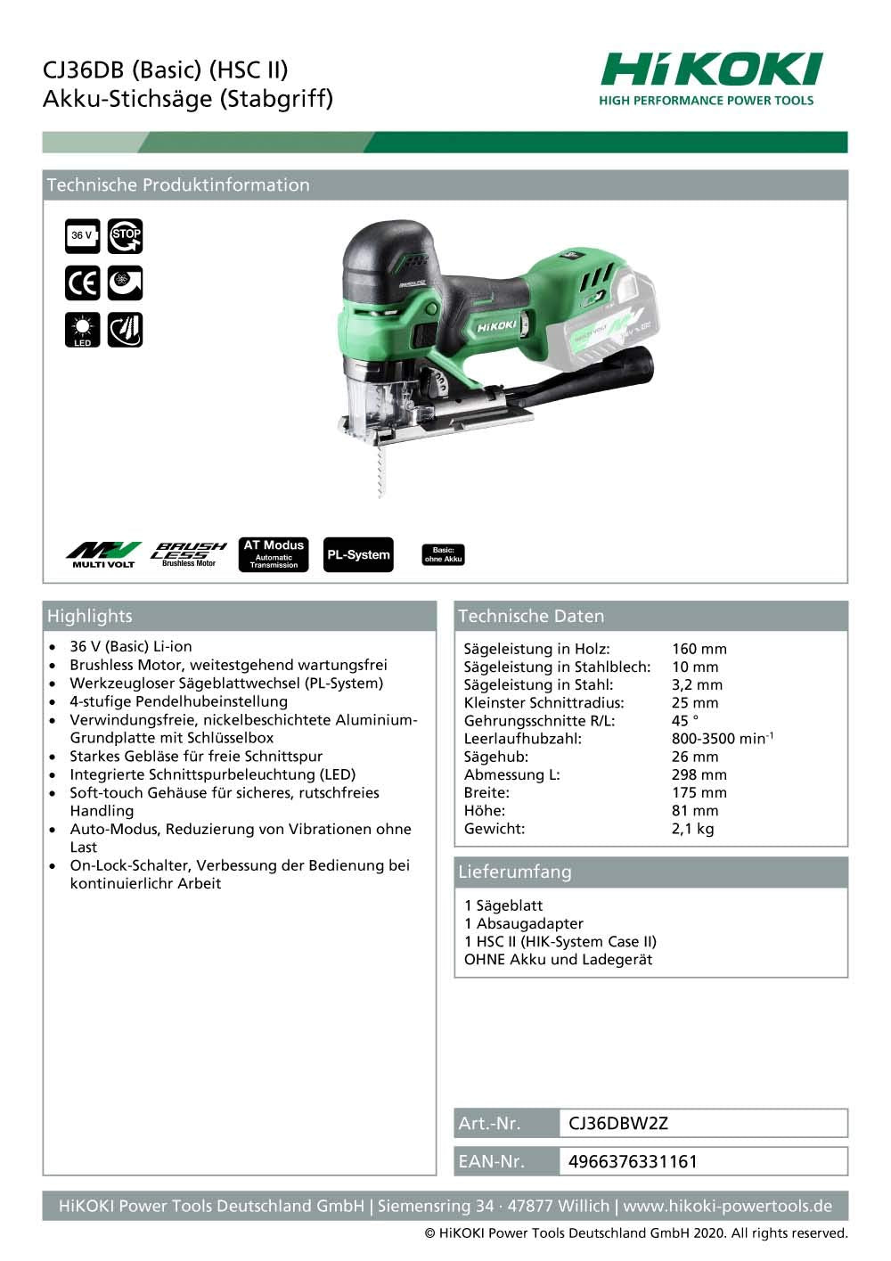 Hikoki CJ36DBW2Z - Sierra de calar con batería