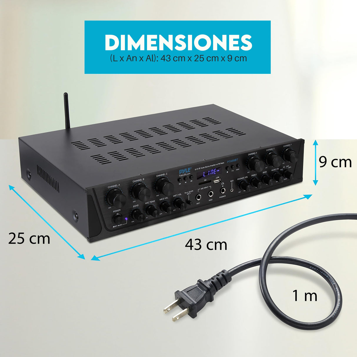 Pyle amplificador de sonido, Para el hogar, 600W, Bluetooth, Inalambrico, Estereo, 6 canales, Digital LCD, Conector para auriculares, Entrada de microfono de ¼", USB, SD, AUX, RCA, Radio FM