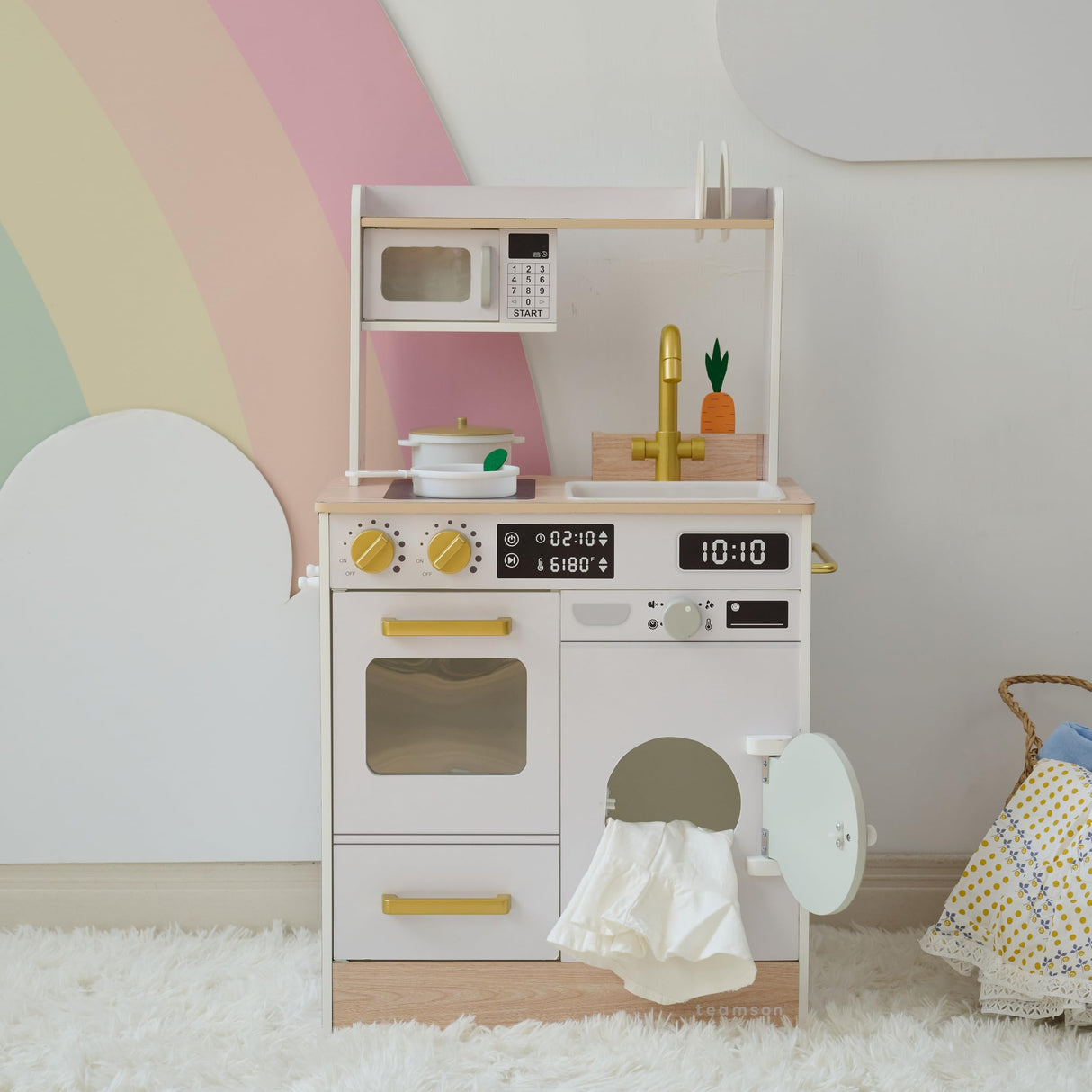 Teamson Kids Cocina de Madera Blanca para niños con huerto, Lavadora, Horno, Fregadero y Accesorios para Juegos creativos y simbólicos