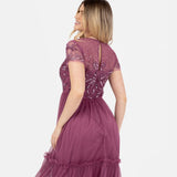 Maya Deluxe Women's Midi Dress Ladies Round Neck Sheer Short Sleeves Sequin Embellished Tulle Ruffle A-Line Wedding Guest Occasion, Rose, 56