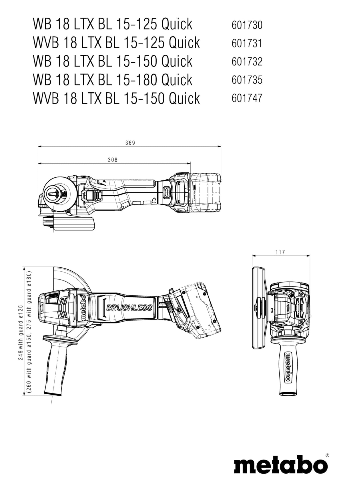Metabo WB 18 LTX BL 15-180 Quick 601735840 - Amoladora angular inalámbrica (tensión 18 V, con freno, tuerca de sujeción rápida, disco de 18 mm de diámetro)
