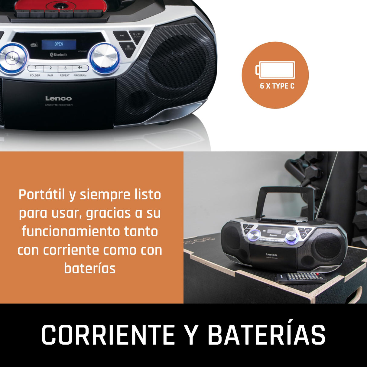 Lenco SCD-720 - Boombox Dab+ - Bluetooth 5.0 - Toploader CD/MP3 - Placa de Casete - Radio FM - Puerto USB - 2 x 6 W RMS - Bass Reflex - Mando a Distancia - Plata