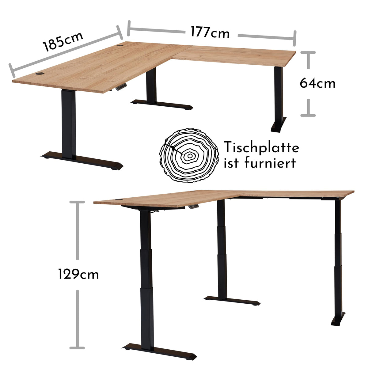 Escritorio esquinero regulable en altura eléctrica en madera de madera antigua, con certificado FSC, mesa de oficina ajustable con indicador digital de altura y función de memoria, 185 x 64-129 x 177
