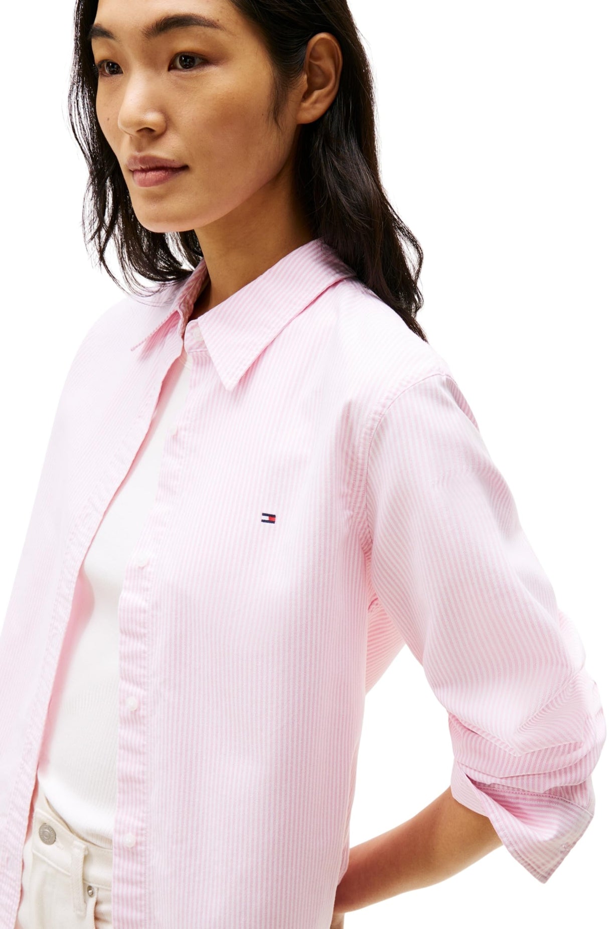 Tommy Hilfiger Camisa Mujer Oxford Relaxed Fit, Multicolor (Classic Ithaca STP/Mid Pink), 44