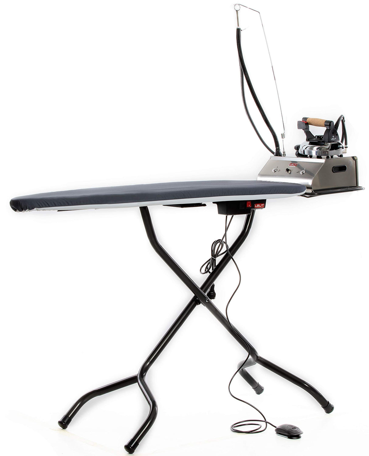 Lelit PA173 Claudia, Tabla de Planchar con Superficie calentada y Punta Sutil, función aspirante con Pedal de Control, 420 W, Metal, Negro, 123x38 cm