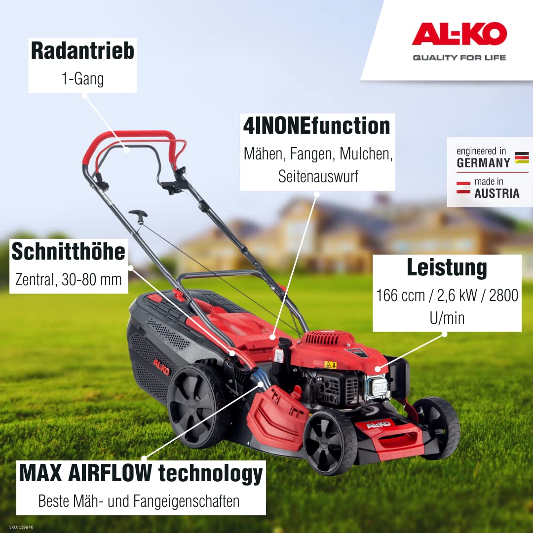 AL-KO Cortacésped de Gasolina Premium 470 SP-A (Ancho de Corte de 46 cm, Potencia de Motor de 2,6 kW, Carcasa de Chapa de Acero Resistente, tracción Trasera, función de mantillo, expulsión Lateral,