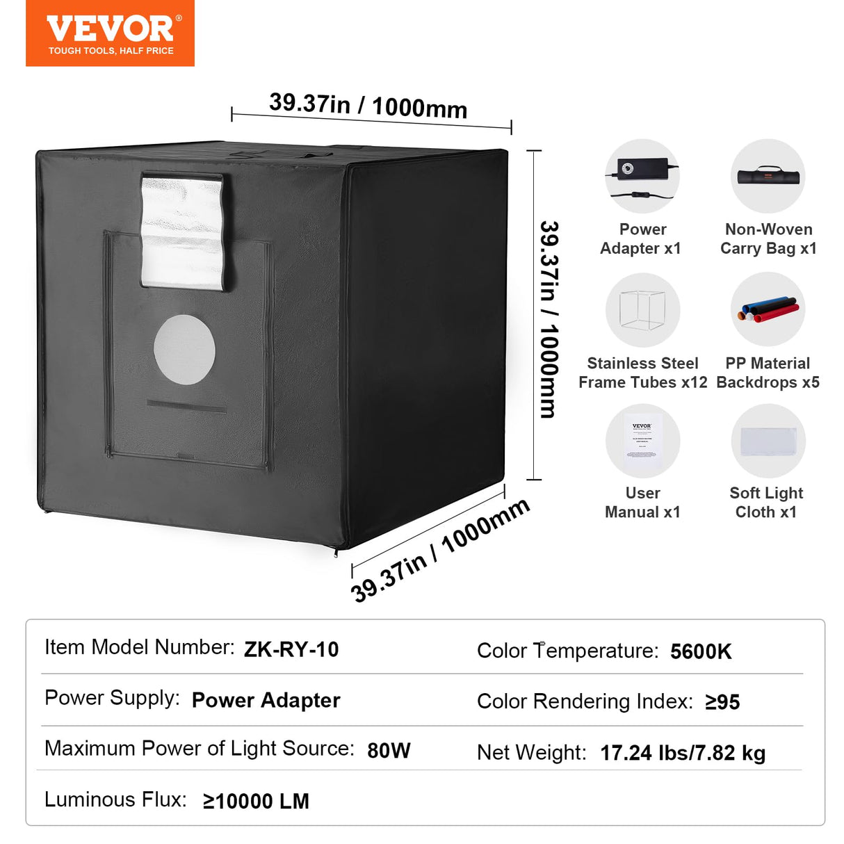 VEVOR Caja de Luz para Estudio Fotográfico 100x100 cm 5600K Caja de Fotos para Fotografía 210 Luces Led 5 Fondos Adaptador de Corriente Piezas de Esquina de Tela Suave CRI ≥95 para Fotografía