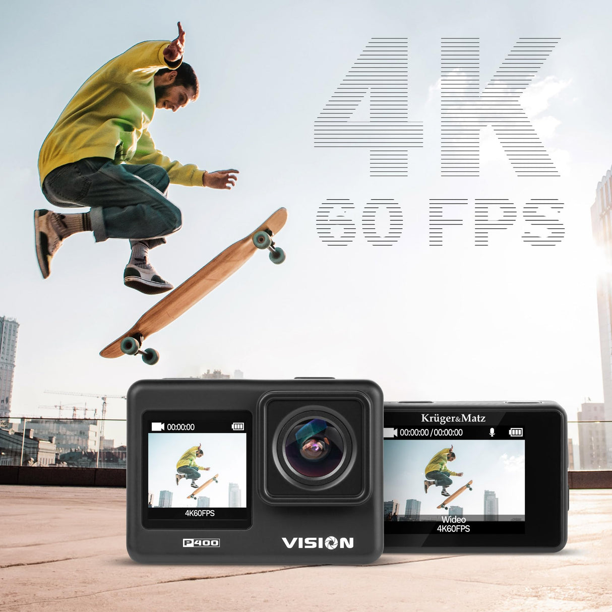 Kruger&Matz Cámara Deportiva 4K 60 FPS Visión P400 4GB RAM Pantalla 2" 320 x 240 Pixeles WiFi Micrófono Funda Impermeable KM0292