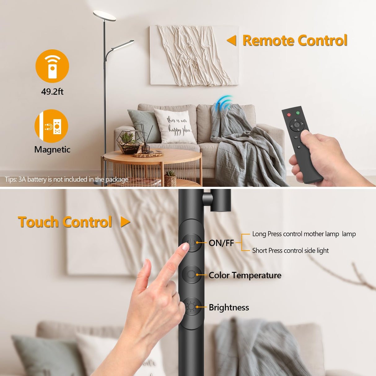 Lámpara de Pie LED Regulable de 42 W, Lamparas de Pie Para Salon Superbrillante de 4000 LM Para Sala de Estar Con Luz de Lectura, Atenuación Continua de 2700K-6500K, Control Remoto y Control Táctil