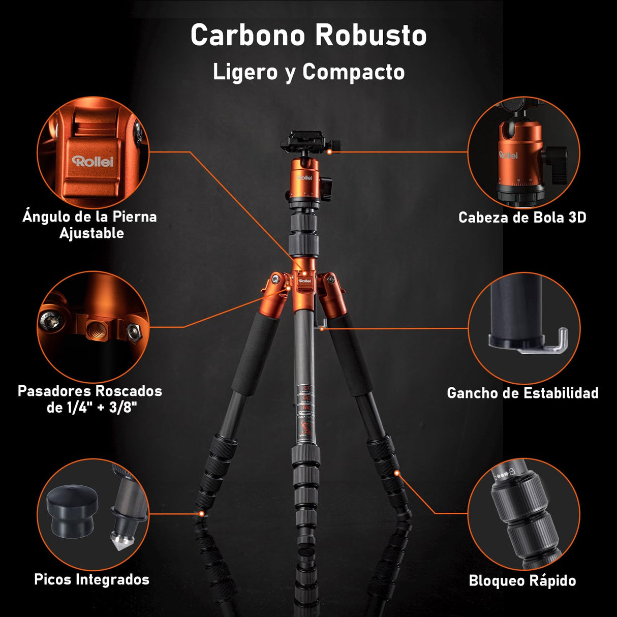 Rollei Tripode Camara Naranja, 145cm Compact Traveler No.1 Carbon Trípode de Viaje Ligero y Portátil con Soporte para Teléfono y Rótula de Bola para Nikon Sony Canon, Trípode-Cámara-Viaje-Tripod