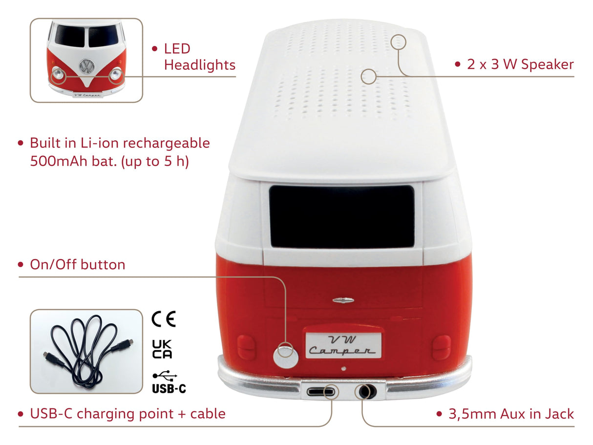 BRISA VW Collection - Altavoz portátil Bluetooth inalámbrico Volkswagen T1 Camper Bus (Escala: 1:20/Bus Clásico/Rojo)