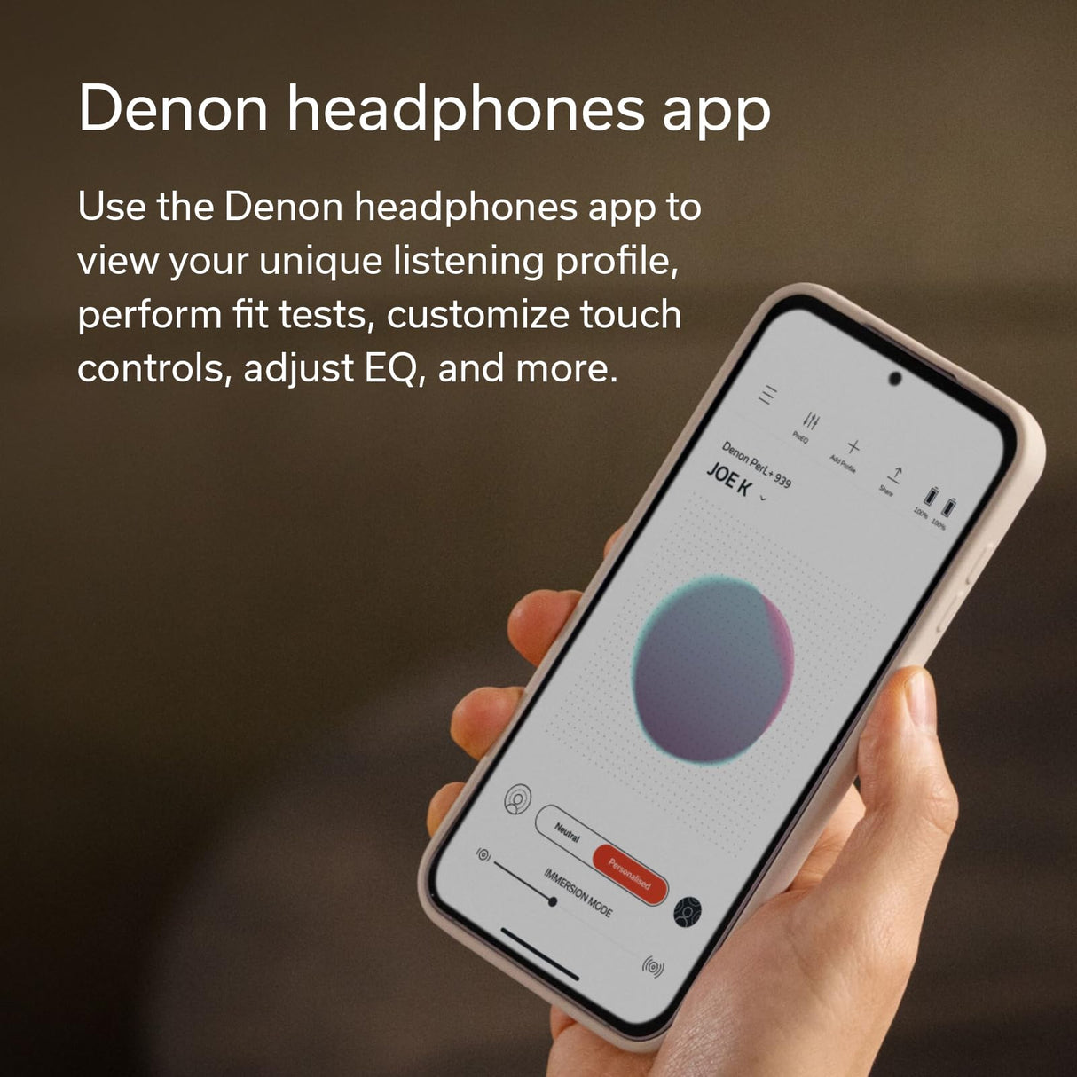 DENON PerL True Wireless Earbuds, Perfil de Sonido Personalizado, Auriculares con cancelación de Ruido, Auriculares Resistentes al Agua, con micrófonos Integrados y batería de Larga duración