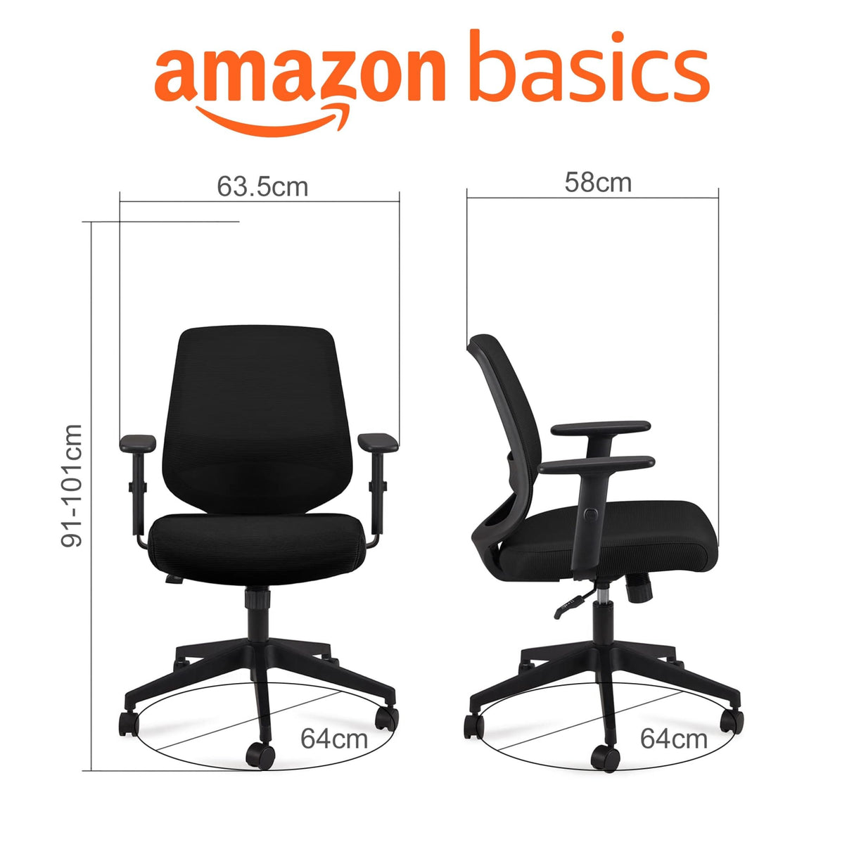 Amazon Basics Silla de oficina ergonómica, silla de escritorio, reposabrazos ajustables, soporte lumbar, agradable en la espalda, silla ejecutiva de malla, fácil montaje, 63,5 x 58,4 x 91,4 cm, Negro