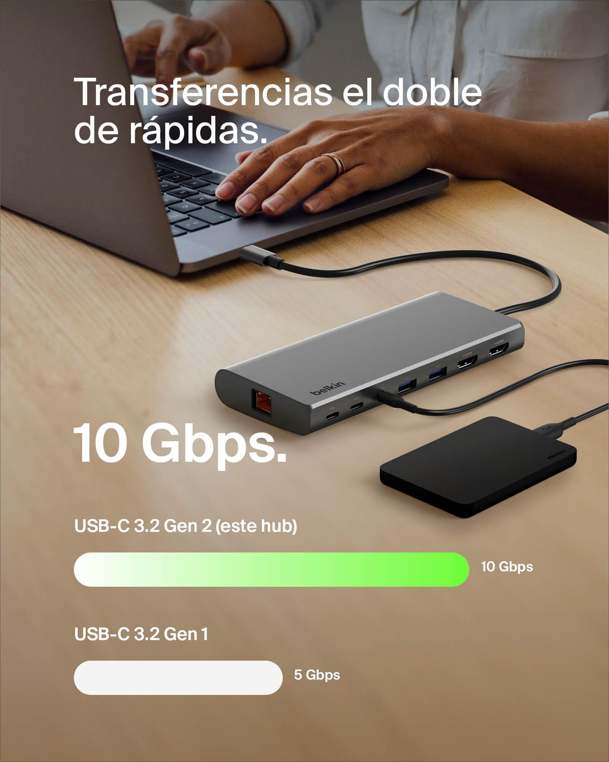 Belkin Core Connect hub USB-C de 8 Puertos, Dos Pantallas, Silicon Motion, concentrador multipuerto para Mac, Windows y Chromebook, Adaptador de Carga PD a 100 W, 10 Gbps y 1GbE Ethernet, Plateado