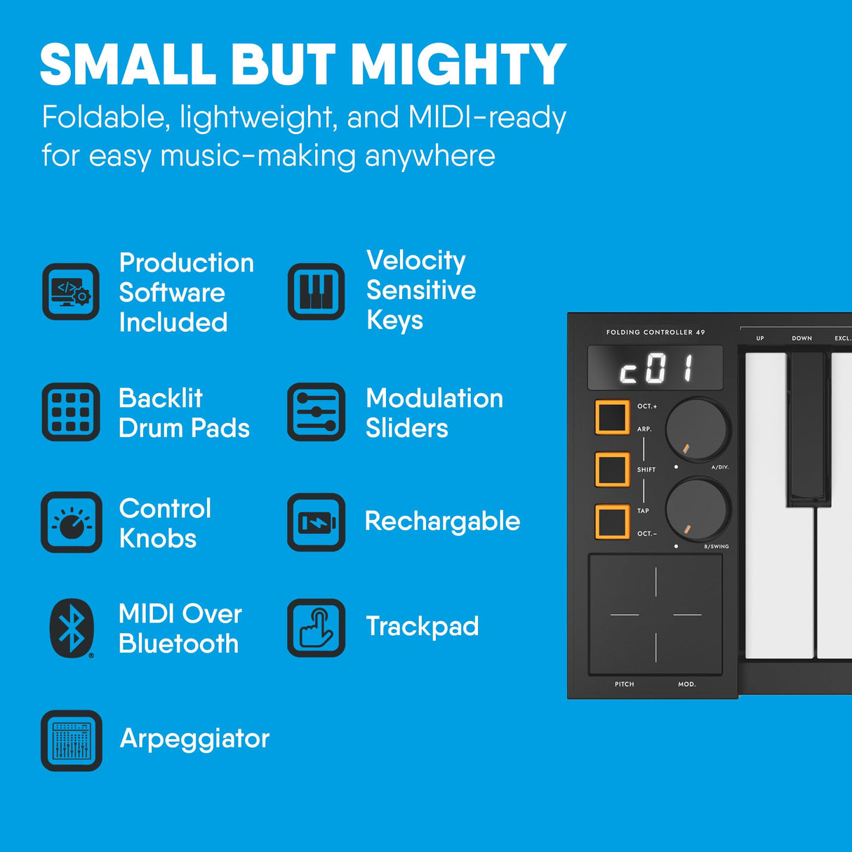 Carry-on FC-49 Teclado Controlador USB Midi/Midi Over Bluetooth Construido con Arpegiador, Pad X/Y, Incluye Cubase LE OEM y Cubase LE OEM IOS DAW Music Software