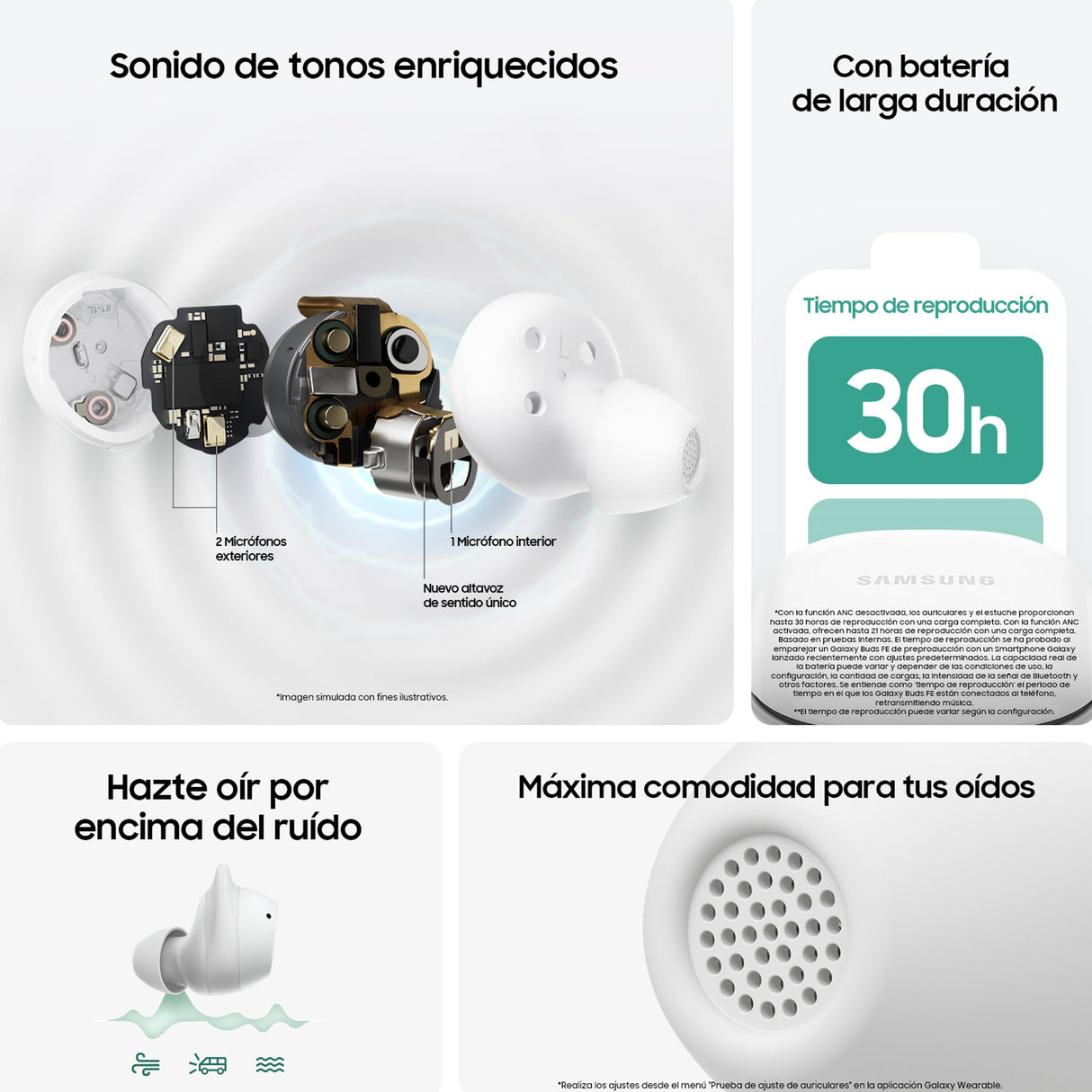 Samsung Galaxy Buds FE + Cargador - Auriculares Inalámbricos, Cancelación de Ruido Activa, Ajuste Cómodo, 3 Micrófonos, Control Táctil, Bajos Graves, Blanco (Versión Española)