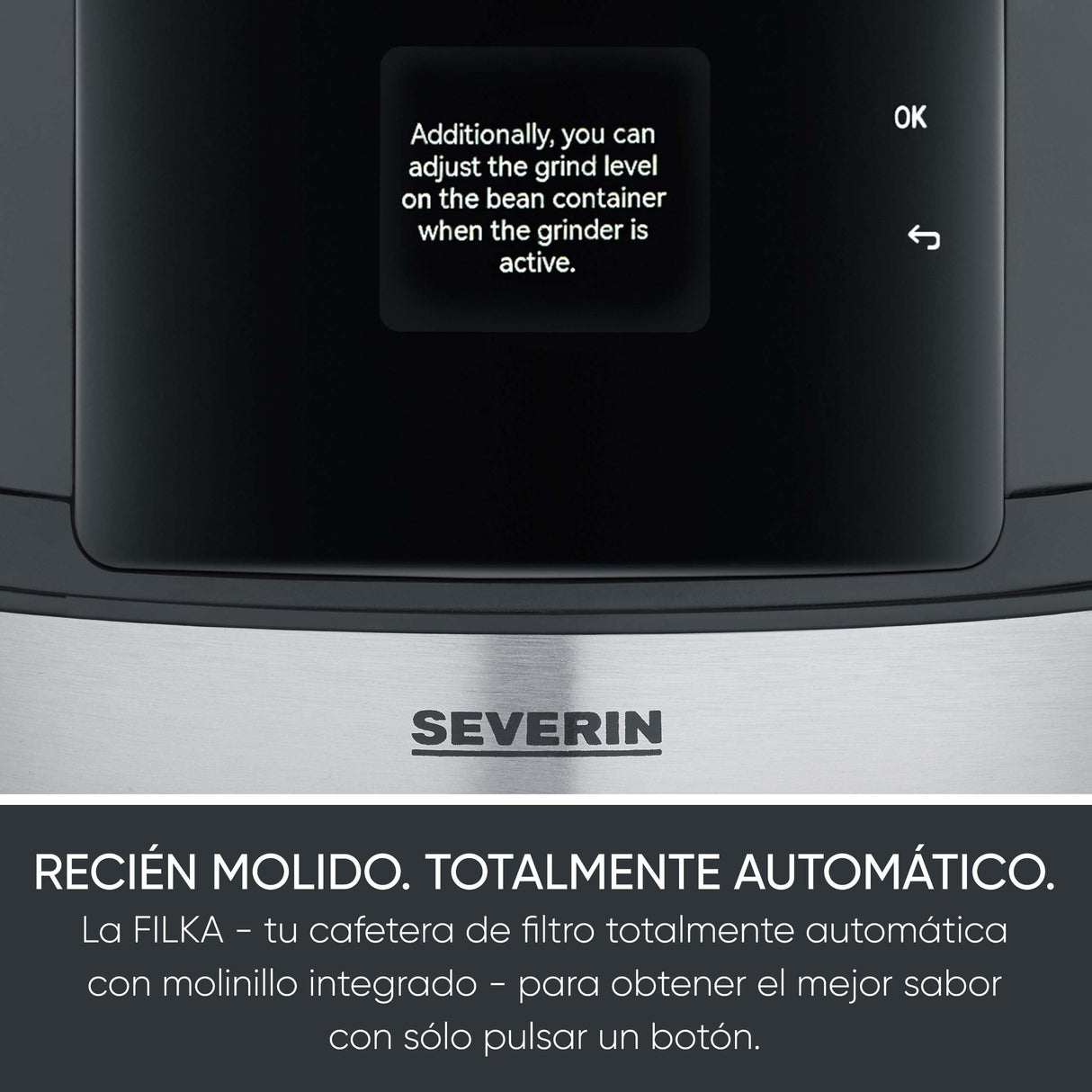 SEVERIN FILKA, cafetera de filtro totalmente automática, cafetera de filtro 5 en 1 con pantalla LED, molinillo, con jarra termo, negro mate/acero inoxidable, KA 9695