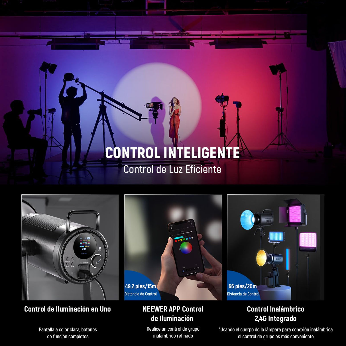 NEEWER Luz Vídeo LED 300W con Reflector, Montaje Bowens, 155000Lux/1m 5600K COB Iluminación Continua CRI97+/TLCI97+ Foco Estudio Regulable, App/2,4G/Control Integrado para Grabación Películas, CB300C