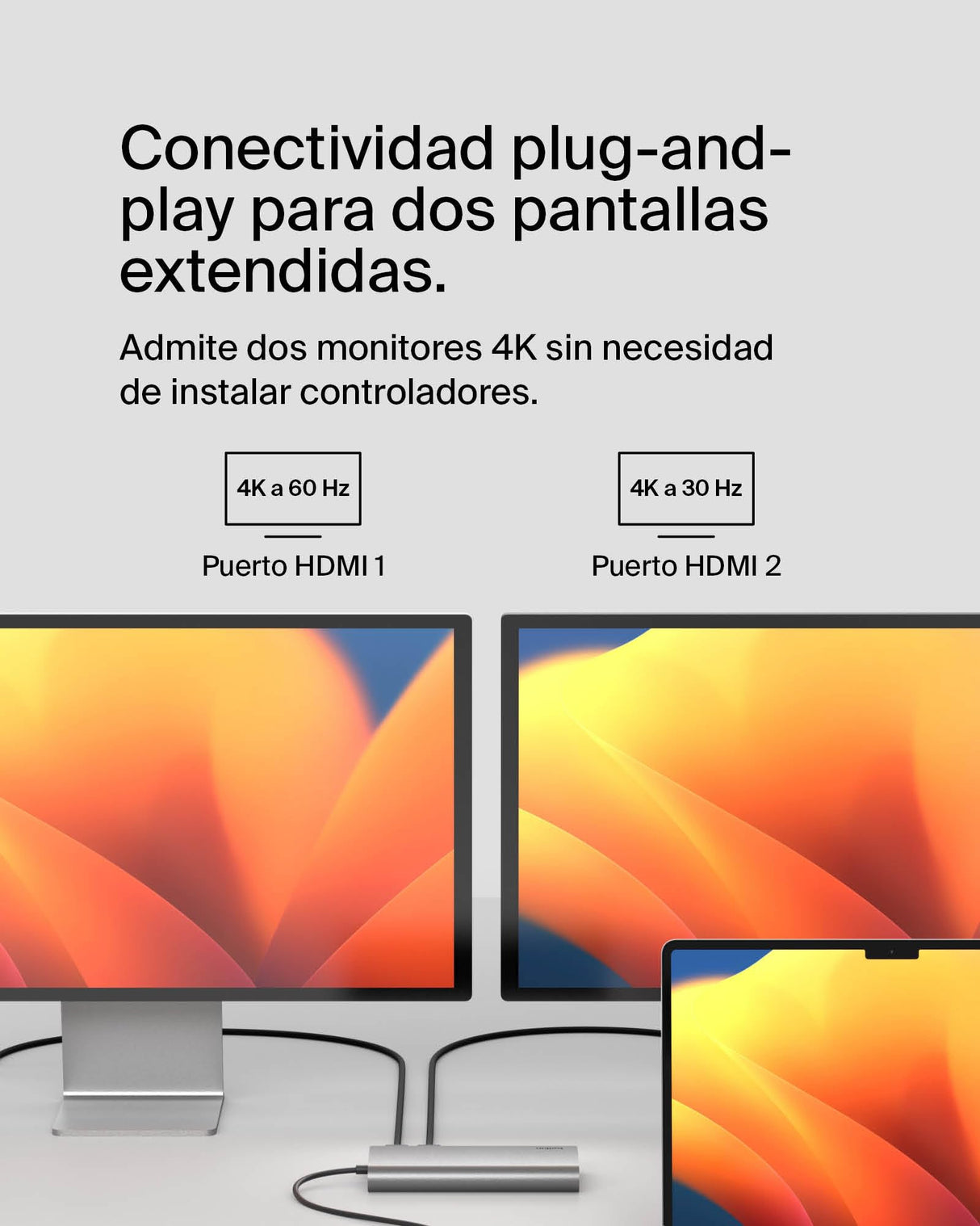 Belkin Core Connect hub USB-C de 8 Puertos, Dos Pantallas, Silicon Motion, concentrador multipuerto para Mac, Windows y Chromebook, Adaptador de Carga PD a 100 W, 10 Gbps y 1GbE Ethernet, Plateado