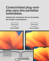 Belkin Core Connect hub USB-C de 8 Puertos, Dos Pantallas, Silicon Motion, concentrador multipuerto para Mac, Windows y Chromebook, Adaptador de Carga PD a 100 W, 10 Gbps y 1GbE Ethernet, Plateado