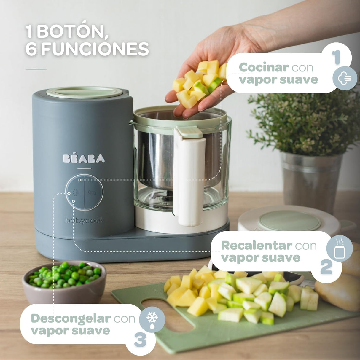 BÉABA Babycook Neo, Robot de cocina infantil, tritura, cocina y cuece al vapor, Rápido en 15 minutos, Recipiente de vidrio y cesta de acero inoxidable, Para Bebés y Niños, Gris mineral