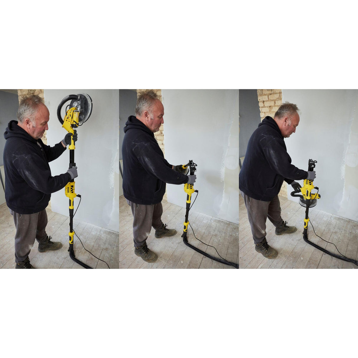 STANLEY FATMAX SFMEE500S-QS Lijadora Eléctrica para Panel de Yeso, con Cable, Potencia de 750 W, Diámetro de Disco 225 mm, Velocidad 1700 rpm, Anillo de Luz LED, Extensible hasta 1.8 mts