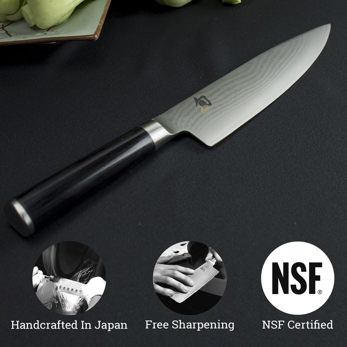 KAI Shun Classic cuchillo de cocina japonés 20 cm de longitud de hoja - Cuchillo de Damasco 32 capas núcleo VG MAX - 61 (±1) HRC - Mango de madera Pakka - Hecho en Japón - Cuchillo de cocina