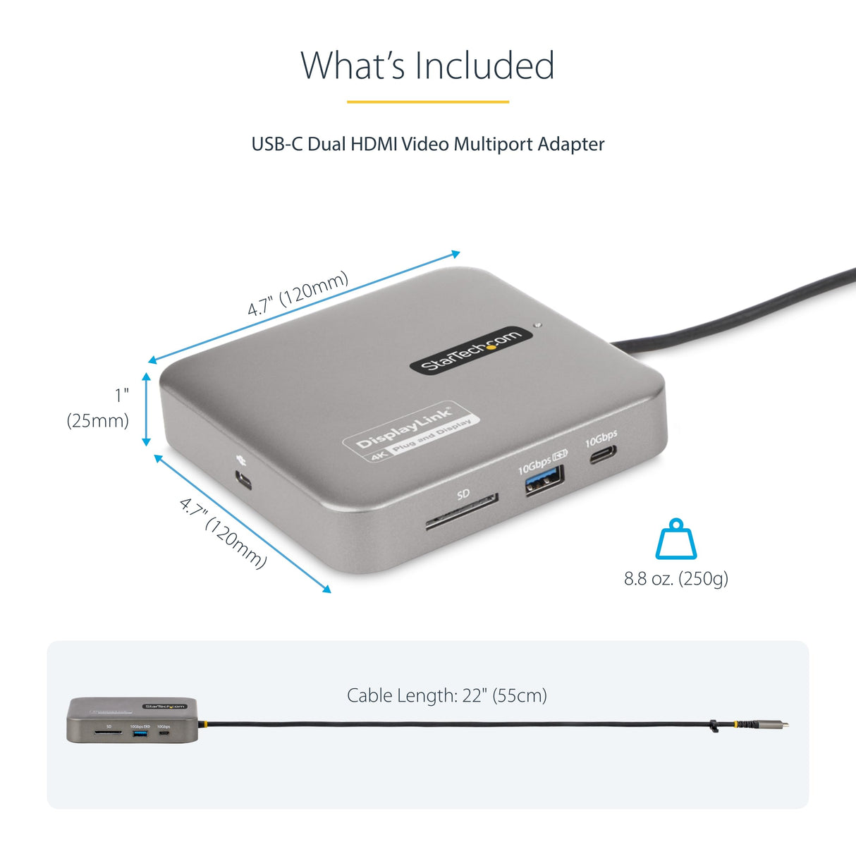 StarTech.com Adaptador Multipuertos USB C - HDMI Doble 4K 60Hz - Hub 10Gbps de 2 Puertos USB-C/USB-A - PD100W - GbE - SD