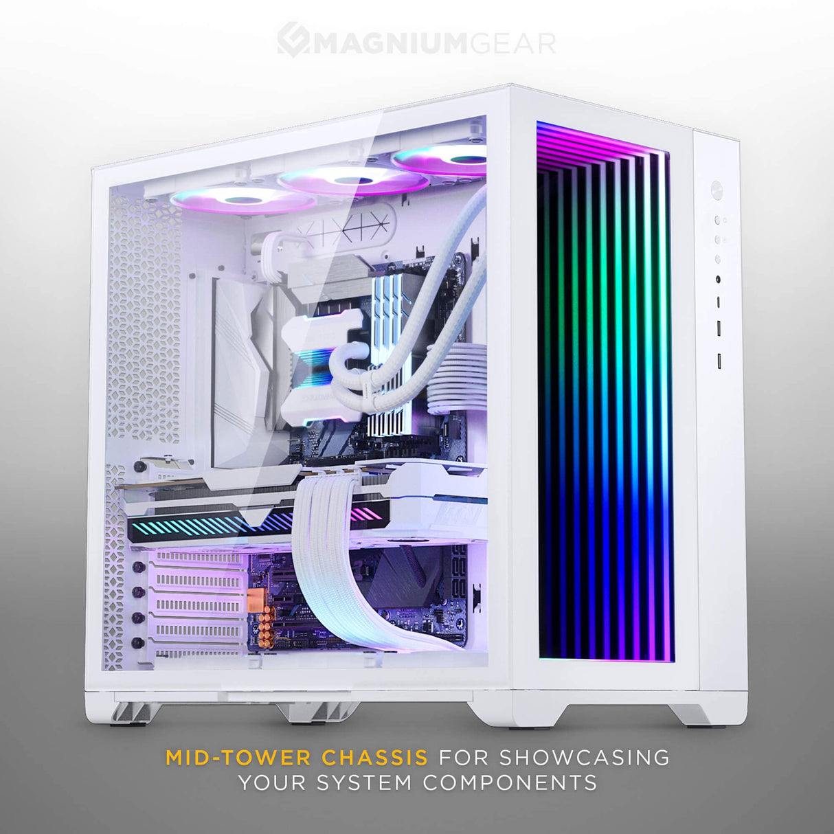 Magniumgear Neo Qube 2 IM, Doble cámara ATX Mid-Tower, Digital-RGB Infinity Mirror Frontal Panel, Tempered Glass Panels, Blanco