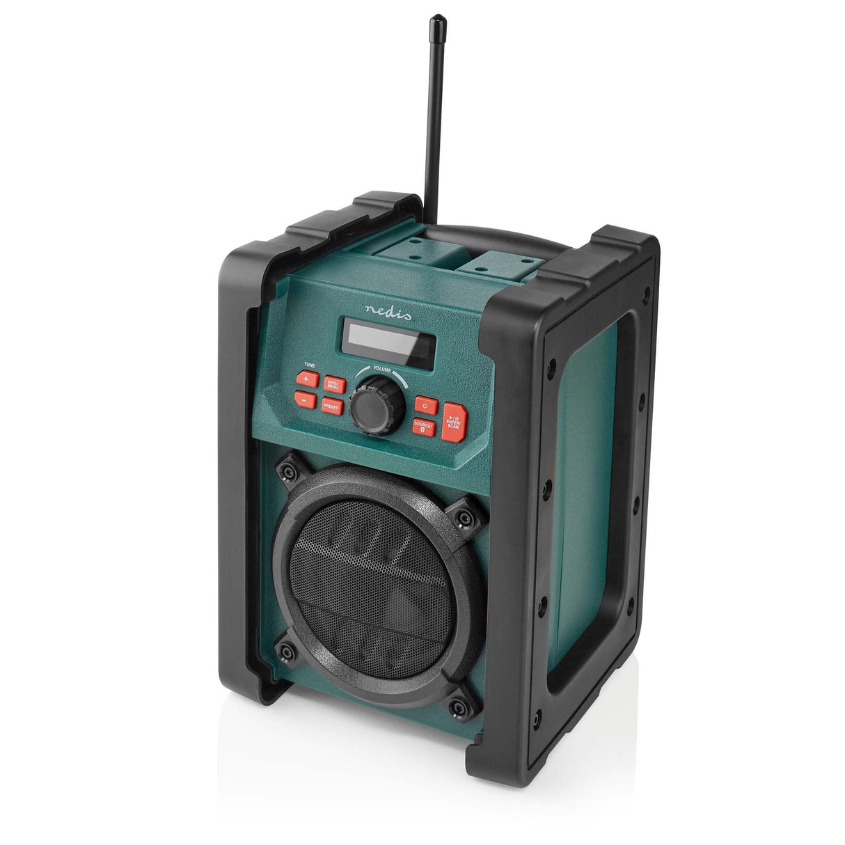 Nedis Dab + Radio | Mesa de ejecución | Dab+ / FM | 2.2" | Monitor Blanco | Funciona con Pilas/Fuente de alimentación de Red | Digital | 15 W | Bluetooth | Despertador | IP65 | Asa de Transporte |
