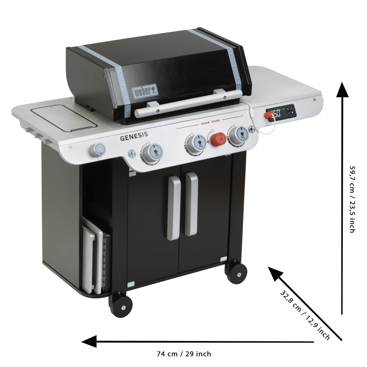 Theo Klein 9445 Barbacoa Weber Genesis de Madera I Incluye Insertos para Filete, Pizza o Verduras, con muñecos de Comida y Cubiertos para Barbacoa, Juguete para niños a Partir de 3 años