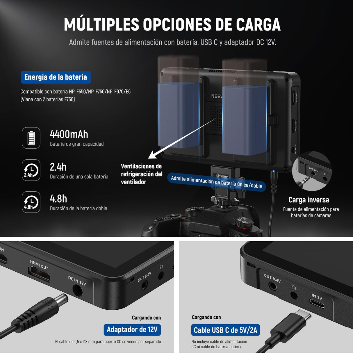 NEEWER 7" F700 Monitor Campo Cámara, Pantalla Táctil IPS 2000nit con LUT 3D, Entrada/Salida Bucle HDMI 4K con Peak Focus DSLR Video Assist HDR Waveform, Zapata Fría Mount, 2 Baterías NP-F750 y Cable