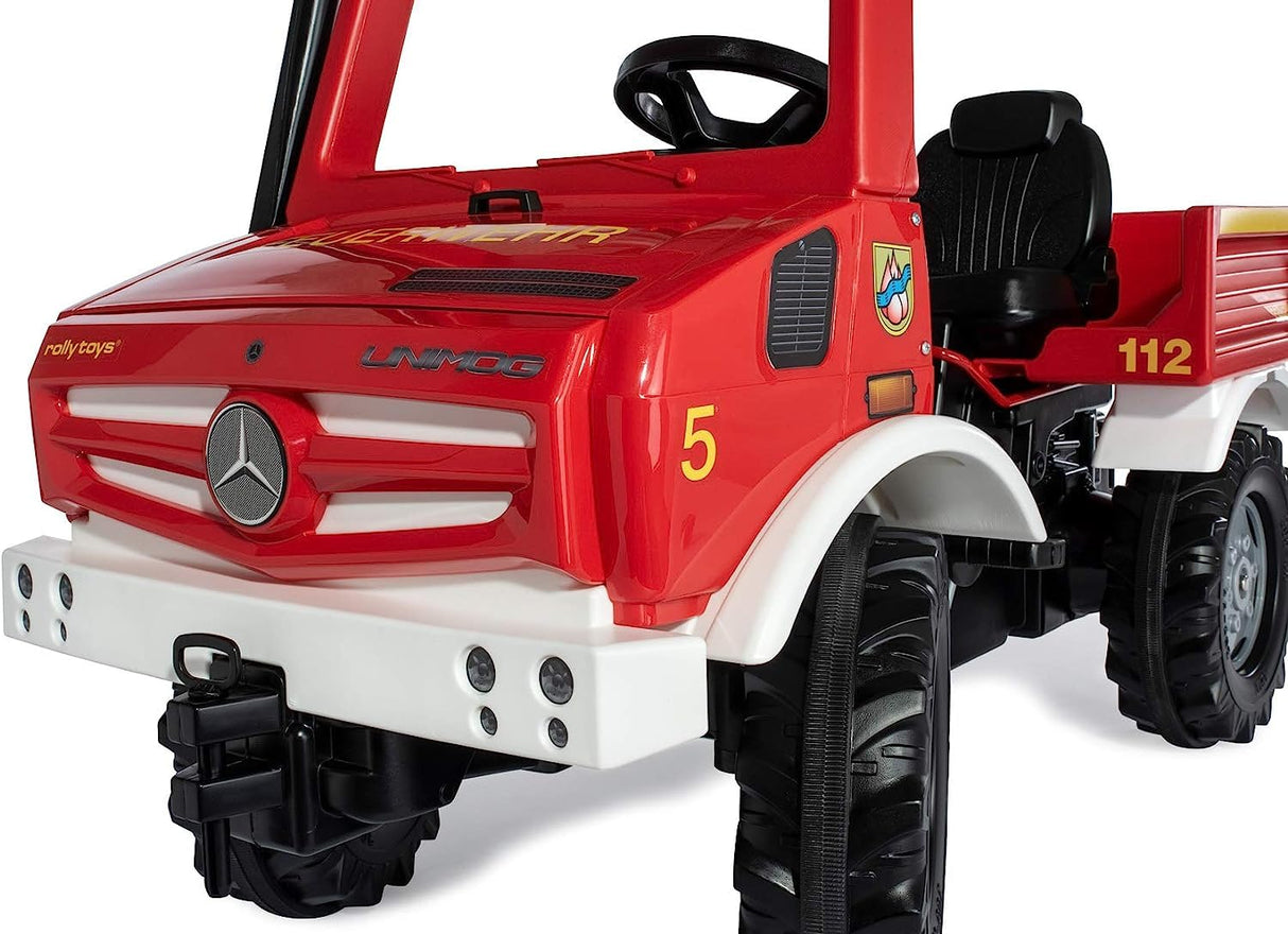 Rolly Toys Fire Unimog 038275 - Camión de Bomberos edición 2020 con Remolque (Coche a Pedales de 3 a 8 años, jeringuilla, Intermitente, Cambio de Marchas, Freno)