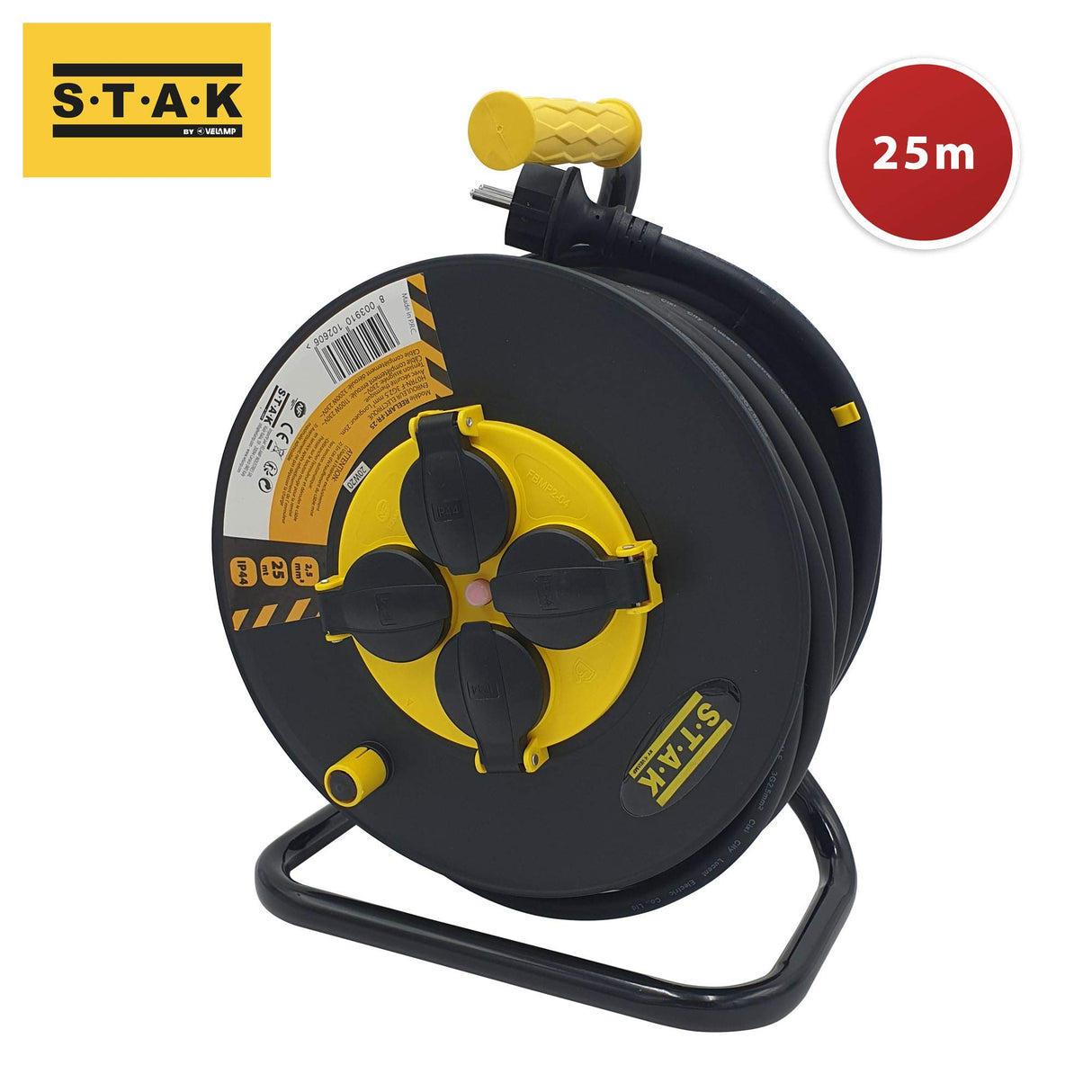 Stak REELART-FR-25 - Enrollador eléctrico profesional, resistente al agua IP44 cable 25 m de goma 3G2,5 mm2 para obras, bricolaje, jardín, 4 enchufes, chasis de acero, color negro